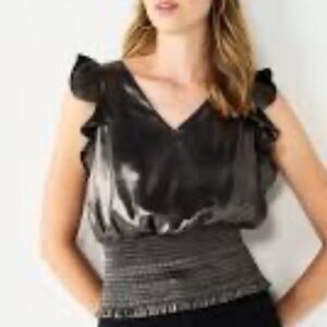 NINE WEST Black & Gold Shimmery Sleeveless V Neck Ruffled Top  XL NWT